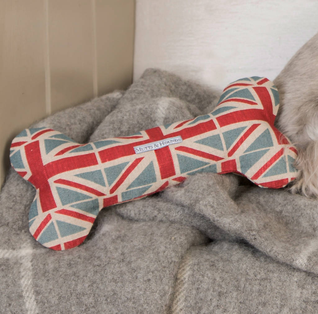 union jack squeaky bone dog toys by mutts & hounds