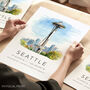 Travel City Landmark Poster For Seattle USA, thumbnail 1 of 7