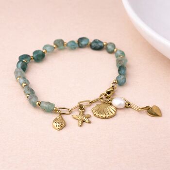 Personalised Waterproof Gold Plated Sea Charm, Pearl And Aqua Bead Bracelet, 4 of 9