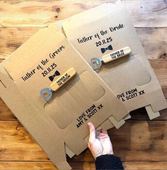 Personalised Groomsman/Father Of The Bride/Groom Wedding Beer Bottle Carrier/Bottle Opener, 2 of 3