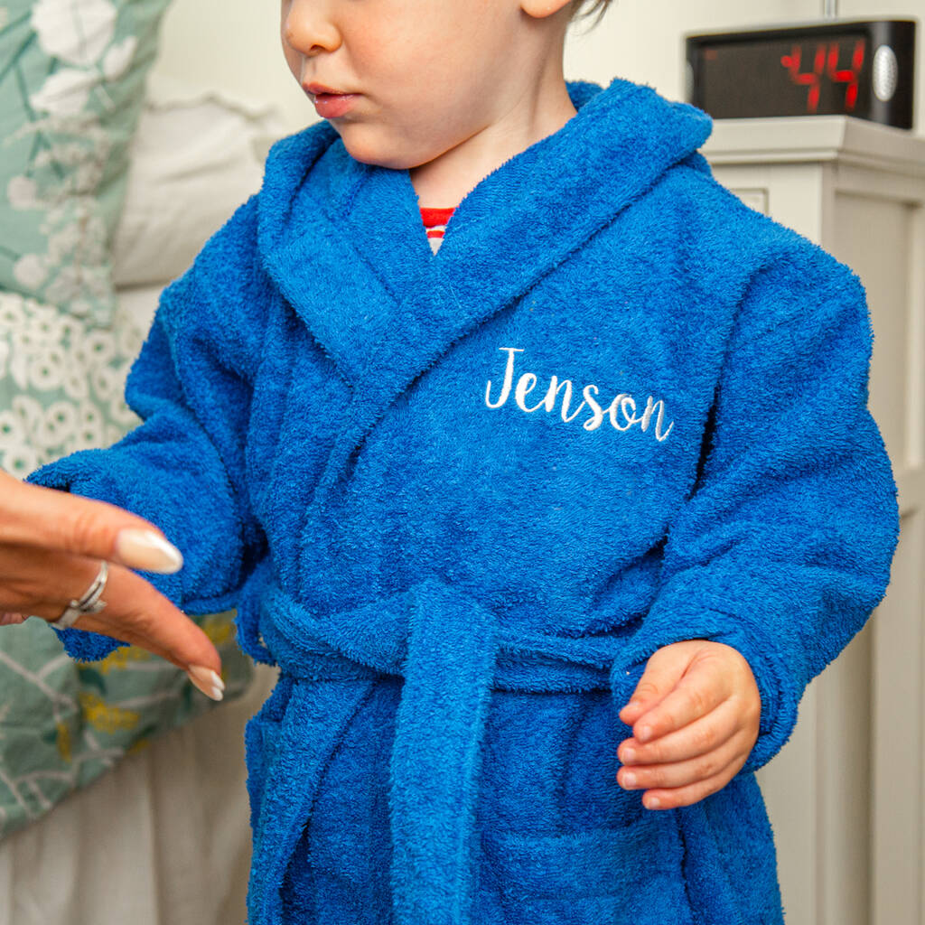 Dark Blue Personalised Childrens Hooded Toweling Bathrobe Dressing Gown Ages 2 to 12 