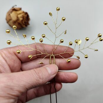 Gold Beaded Gold Leaf Hair Pins For Bridesmaids,Brides, 5 of 11
