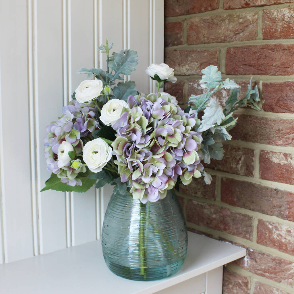 luxury artificial hydrangea arrangement and glass vase by