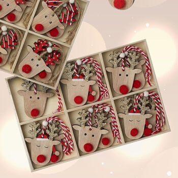Wooden Christmas Reindeer Hanging Tree Decorations Set Of 12, 4 of 4