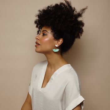 Mabel Light Blue – Art Deco Silky Tassels And Deco Brass Statement Dangle Earrings, 3 of 5