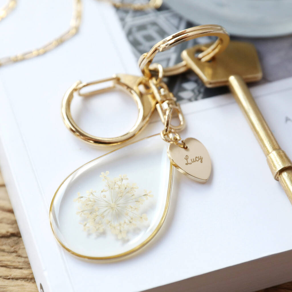 Personalised Pressed Real Flower Charm Keyring In Gold By Lisa Angel