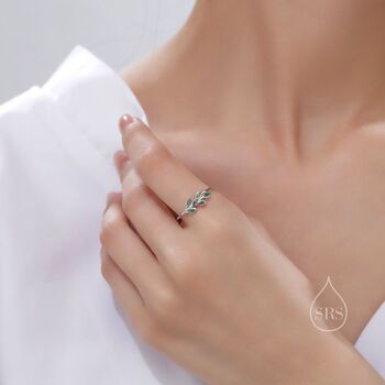 Sterling Silver Green Cz Leaf Ring, 6 of 12