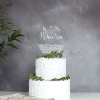 Personalised Wedding Cake Topper With Lace Design, 5 of 9