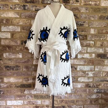 Organic Short Cotton Kimono: White With Dark Blue And Black Eye, 6 of 6