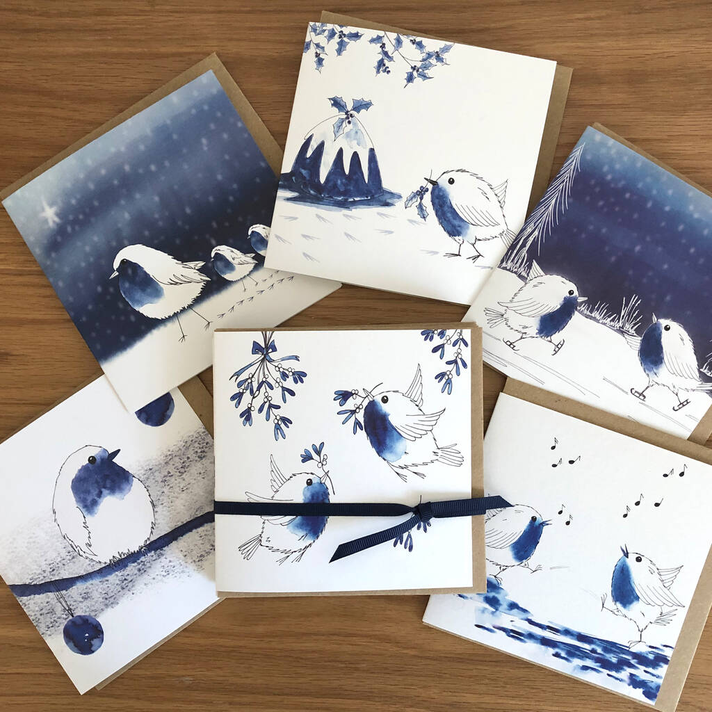 Six Blue And White Inky Robin Christmas Cards, 1 of 7