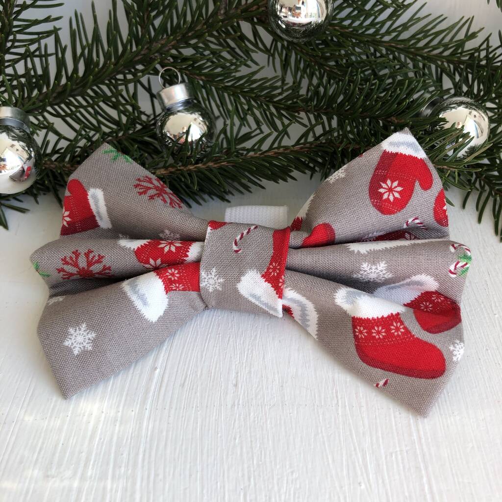 Grey Christmas Dog Collar Bow Tie By Charlie and Boo