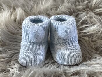 Blue Knitted Baby Booties With Pom Pom, 5 of 7