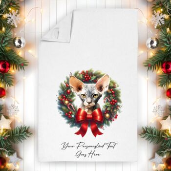 Personalised Cat In Christmas Wreath Gift Tea Towel, 9 of 12