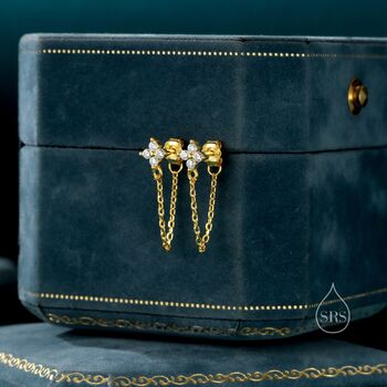 Tiny Three Dot Trio Chain Earrings In Sterling Silver, 4 of 11