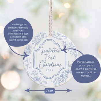 Baby's First Christmas Personalised Floral Ceramic Tree Decoration Pink Or Blue, 3 of 4