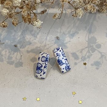 Minimalist Blue Floral Ceramic Bar Stud Earrings, Dainty Rectangular Studs, 4 of 11