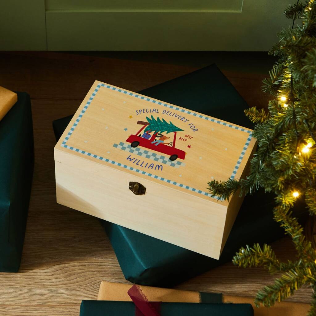 Personalised Wooden Checkered Blue Christmas Tree Keepsake Box Fsc®, 1 of 4
