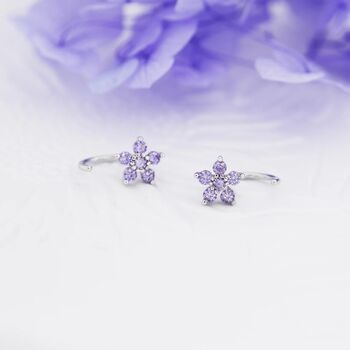 Amethyst Purple Forget Me Not Flower Cz Hoop Earrings, 2 of 12