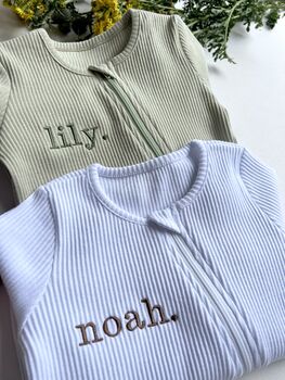Personalised Baby Zip Sleepsuit – Embroidered Baby Grow With Name – Newborn Gift In 10 Colours, 2 of 12