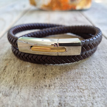 Mens Double Leather Bracelet With Gold And Silver Clasp, 5 of 7