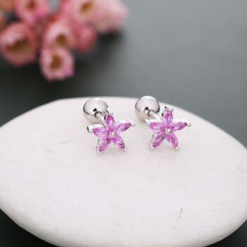 Sterling Silver Pink Cz Flower Barbell Earrings, 6 of 12