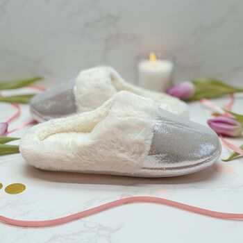 Fluffy Faux Fur Slippers For Her – Silver Or Gold Sparkly Cosy Slippers, 7 of 12