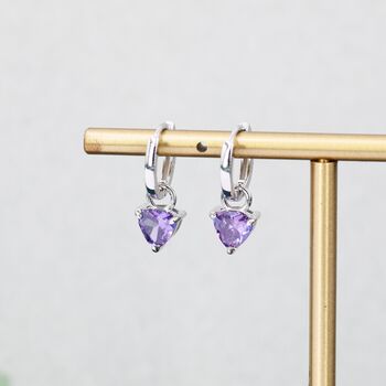 Sterling Silver Amethyst Purple Trillion Cut Cz Hoop Earrings, 5 of 12