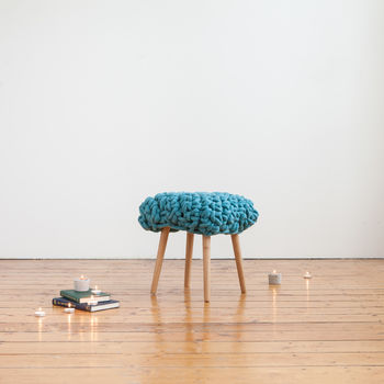 'Hermia' Handwoven Wool Footstool With Oak Legs, 2 of 10