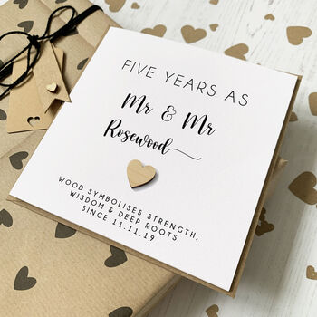 Personalised 5th Anniversary Card With Wood Heart, 5 of 7