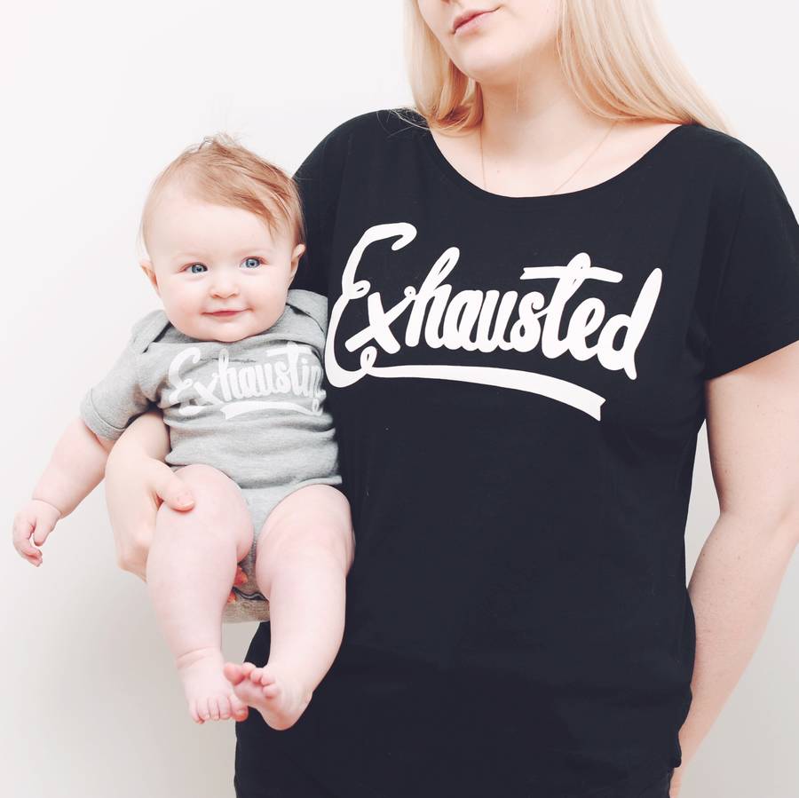 Exhausted Exhausting Mother and baby black t-shirt and baby grow set.