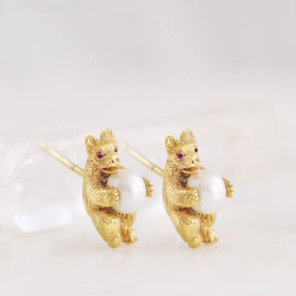 ruby diamond and pearl gold bear stud earrings by amulette