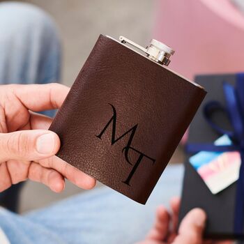 Engraved Initials Full Grain Leather Sleeve With 6oz Stainless Steel Hip Flask, 3 of 5