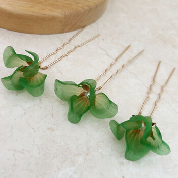 Vibrant Green Flower Hair Pins, 3 of 5