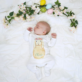 Personalised Flower Crown Bunny Baby Sleepsuit, 3 of 6