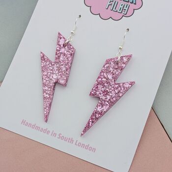 Pink Glitter Lightning Bolt Earrings Small And Large, 3 of 11