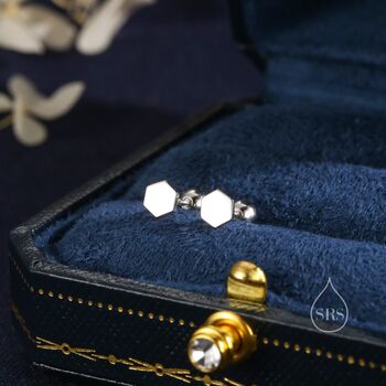 Sterling Silver Tiny Hexagon Barbell Earrings, 6 of 12