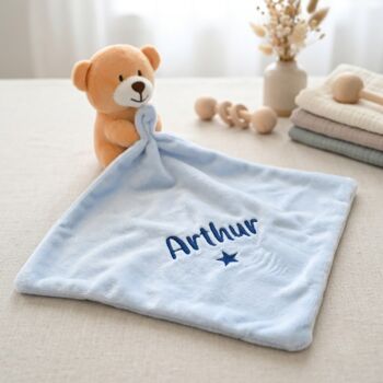 Personalised Blue Teddy Comforter New Baby Boy Gift, 2 of 6