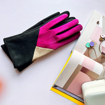 Colour Block Suede Touch Screen Gloves, 8 of 10