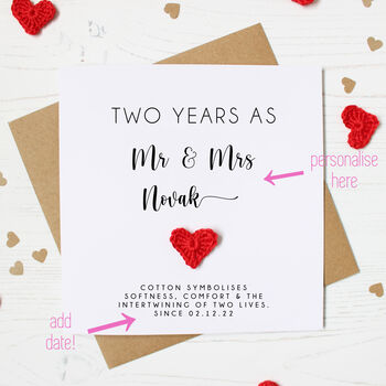 Personalised 2nd Anniversary Card With Cotton Heart, 2 of 5