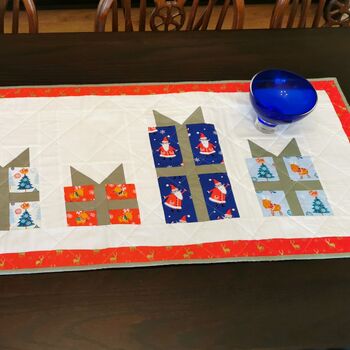 Christmas Table Runner With Gift Design In Reds, Greens, 8 of 9