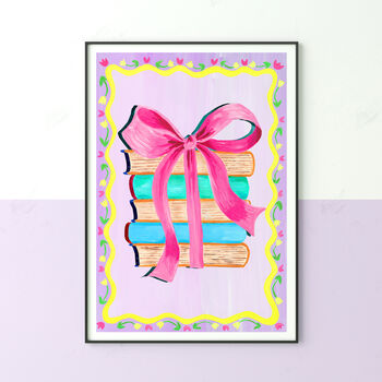 Pink And Lilac Books With Bow Nursery Print – Girls Room Wall Art, Children’s Library Illustration, 2 of 11