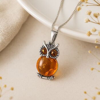 Personalised Sterling Silver Baltic Amber Owl Necklace, 2 of 9