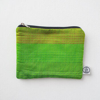 Green Kantha Upcycled Mini Pouch With Zip Close, 2 of 11