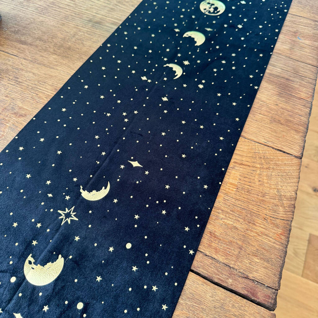 Cosmic Spirit Moons Table Runner Black And Gold Velvet 28cmx3m, 1 of 3