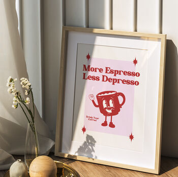 Retro Cartoon Coffee More Espresso Less Depresso Print, 5 of 10
