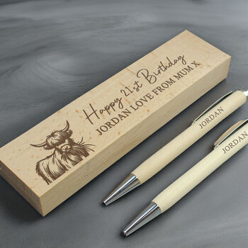 Personalised Highland Cow Wooden Pen And Pencil Set, 3 of 6