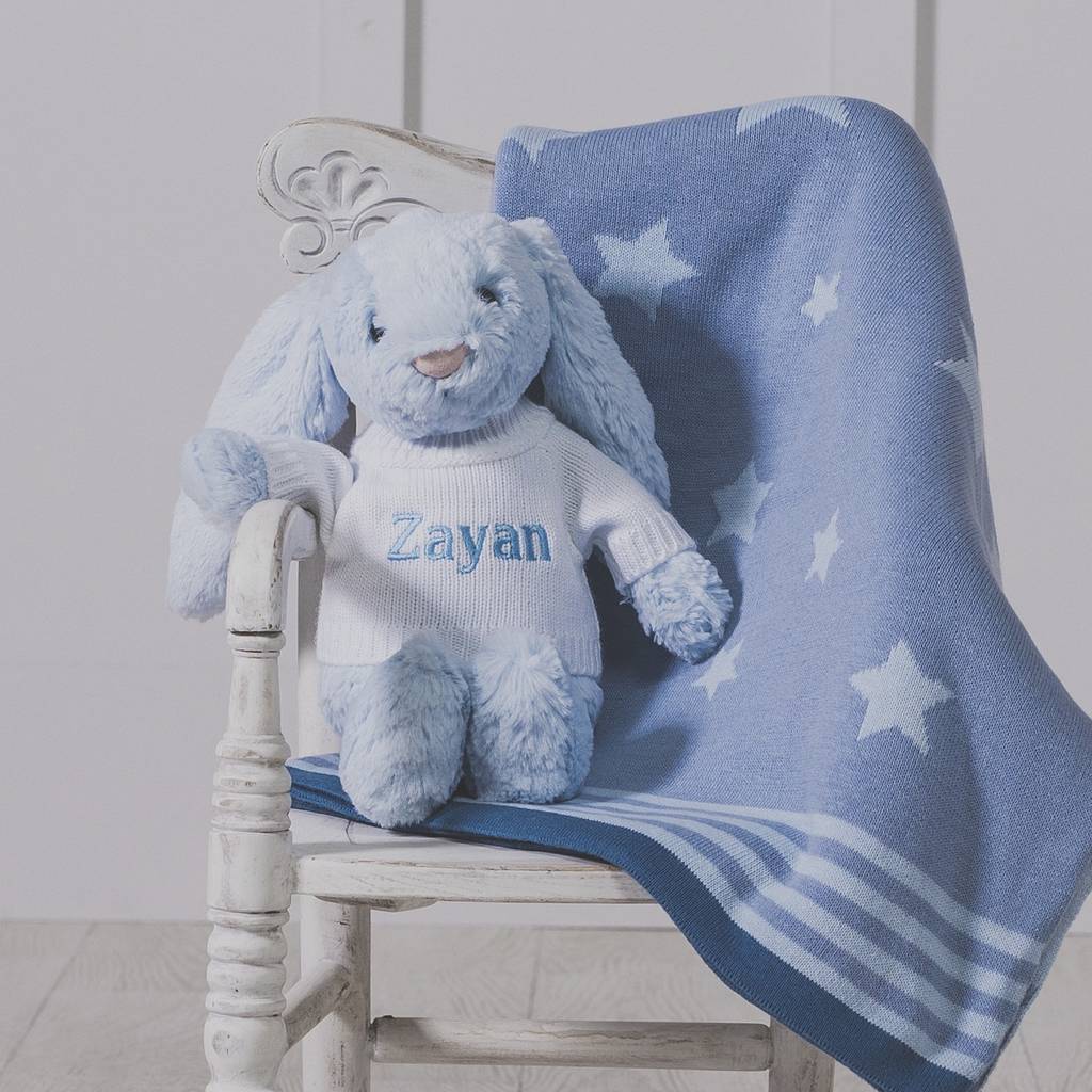 Personalised Blue Star Baby Blanket And Bashful Bunny, 1 of 6