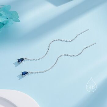 Sapphire Blue Droplet Cz Threader Earrings, 3 of 11