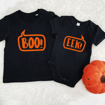 'Boo' And 'Eek' Sibling T Shirt And Babygrow Set, 4 of 5