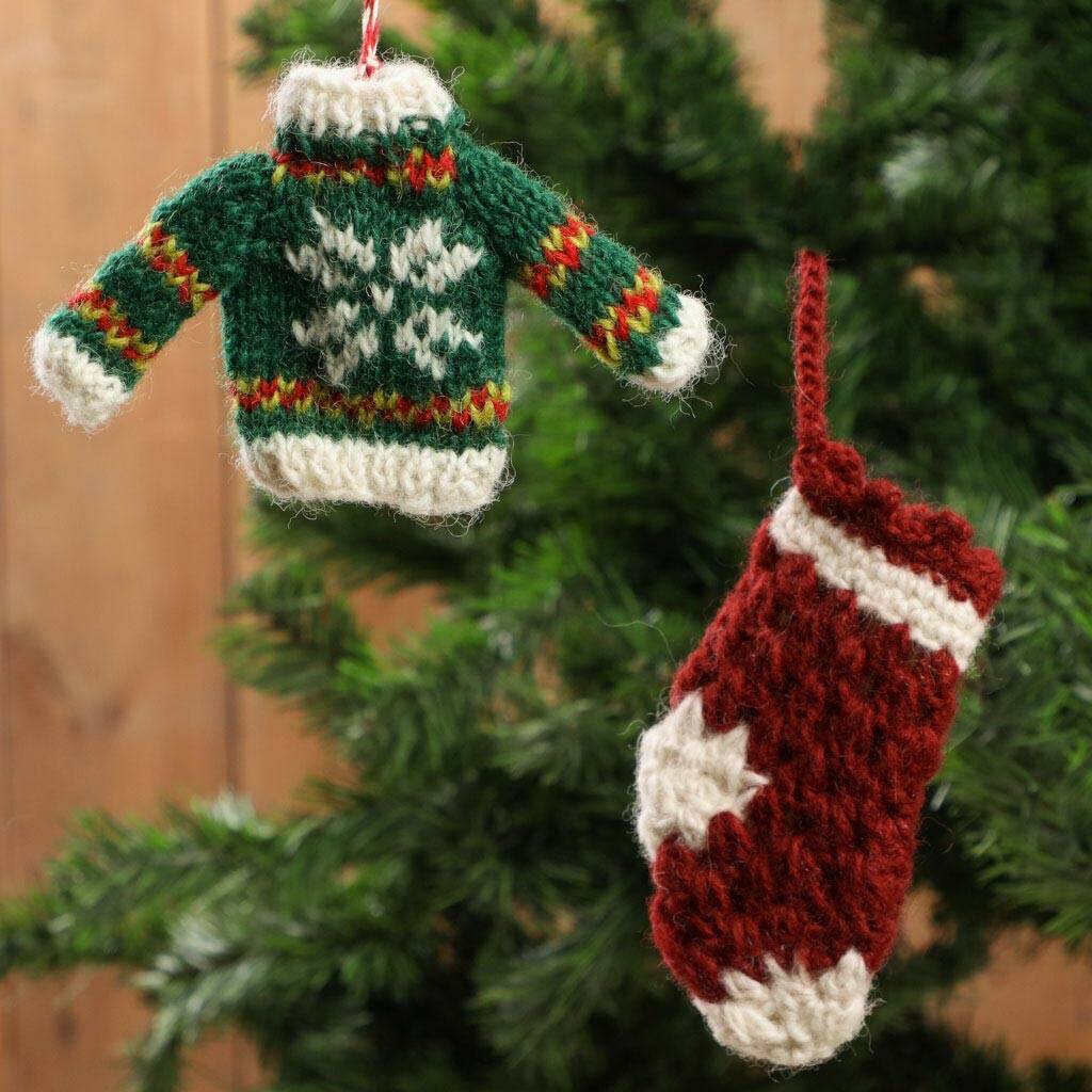 Set Of Two Fair Trade Knitted Christmas Decorations By Dibor